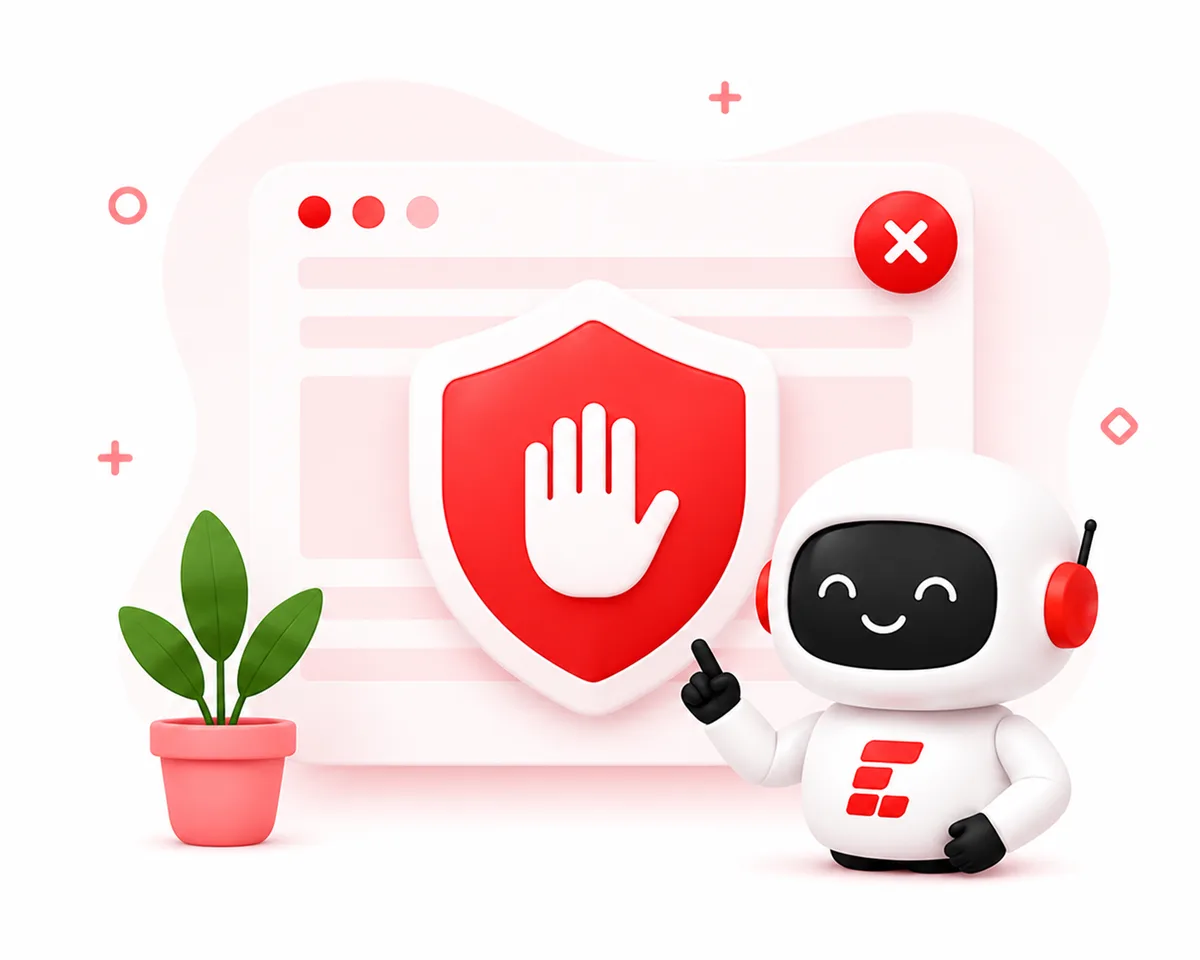 Quotes Nexus robot mascot pointing at a browser window where the ad-blocker shield is being switched off